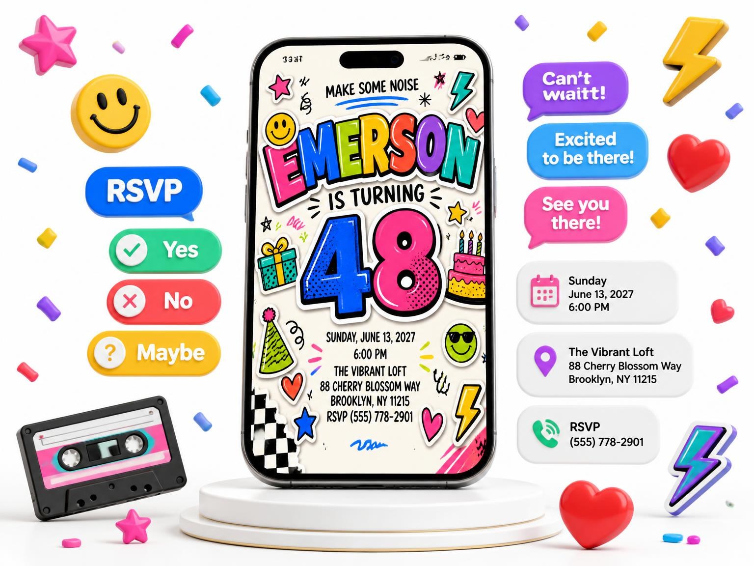 The Sticker Pop 48th Birthday Invitation invitation on a phone, with guest RSVPs arriving around it