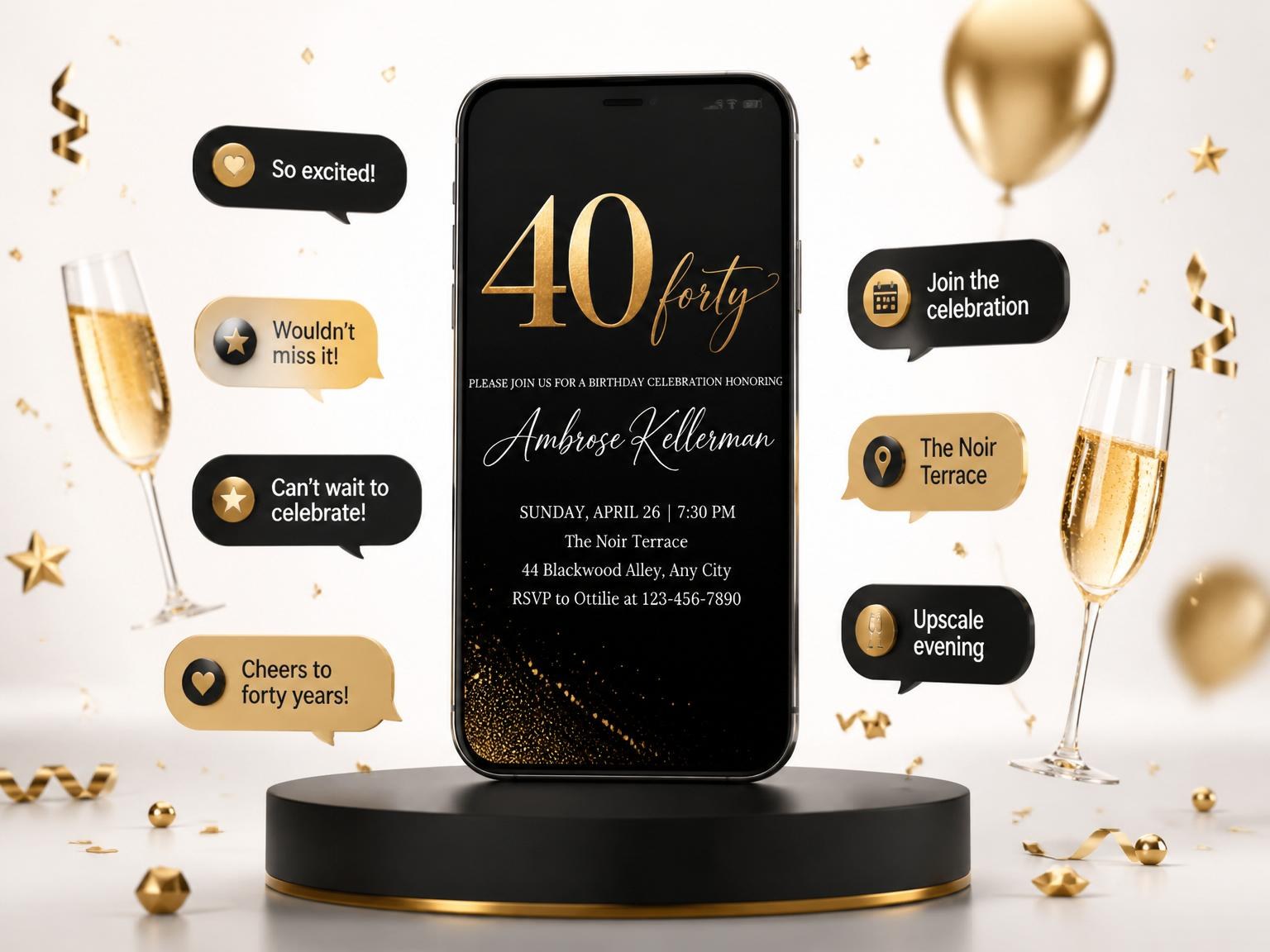 The Gold Foil Black 40th Birthday invitation on a phone, with guest RSVPs arriving around it