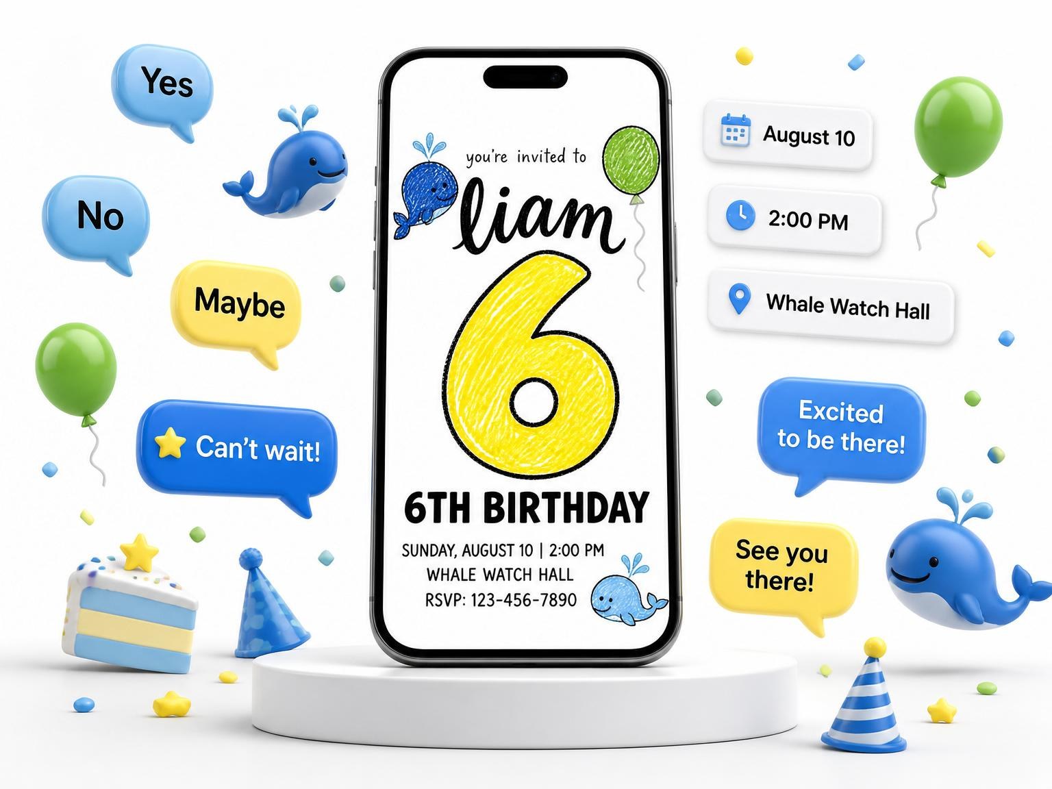 The Crayon Blue Whale 6th Birthday Invitation invitation on a phone, with guest RSVPs arriving around it