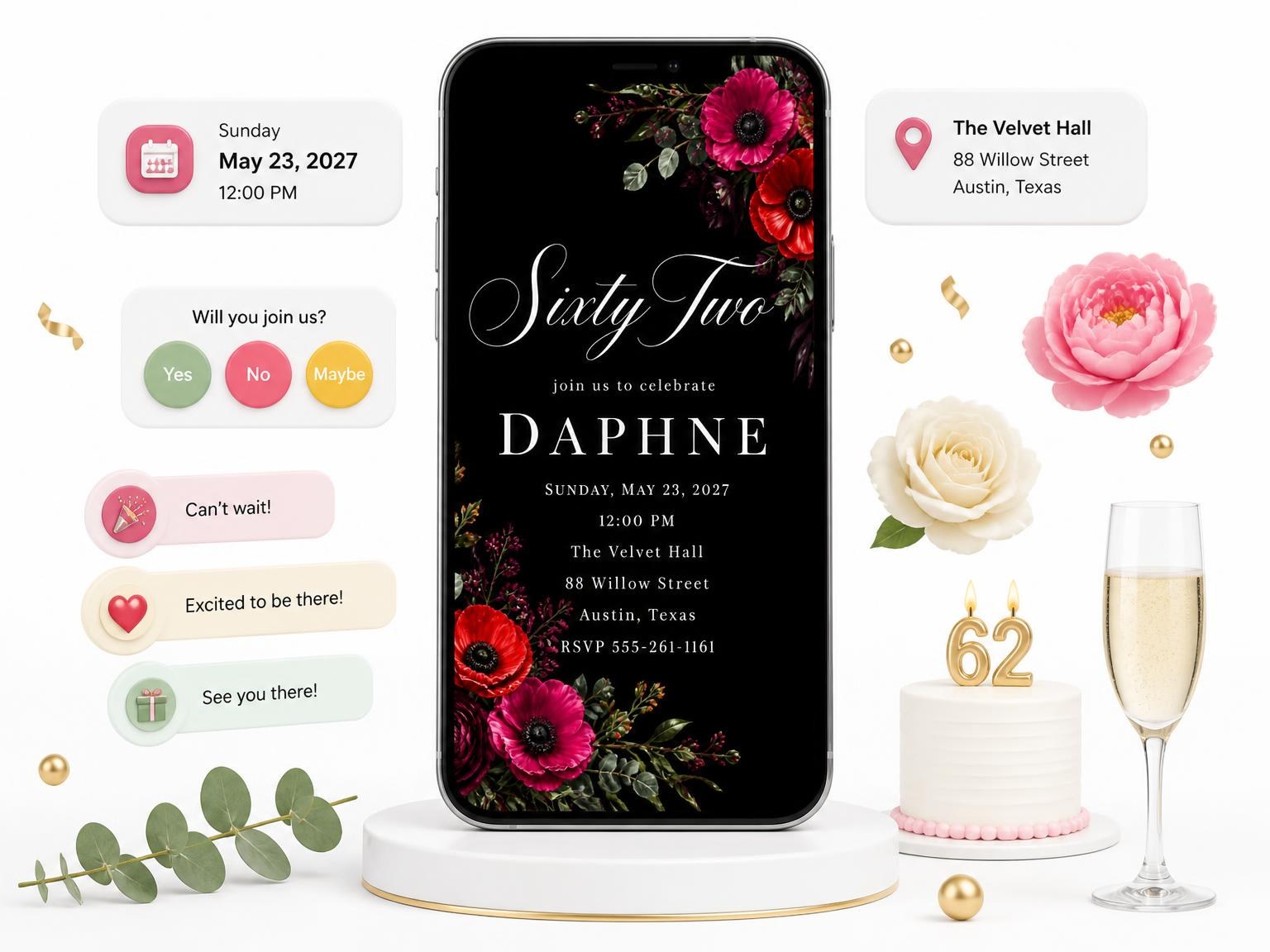 The Black Floral 62nd Birthday Invitation invitation on a phone, with guest RSVPs arriving around it