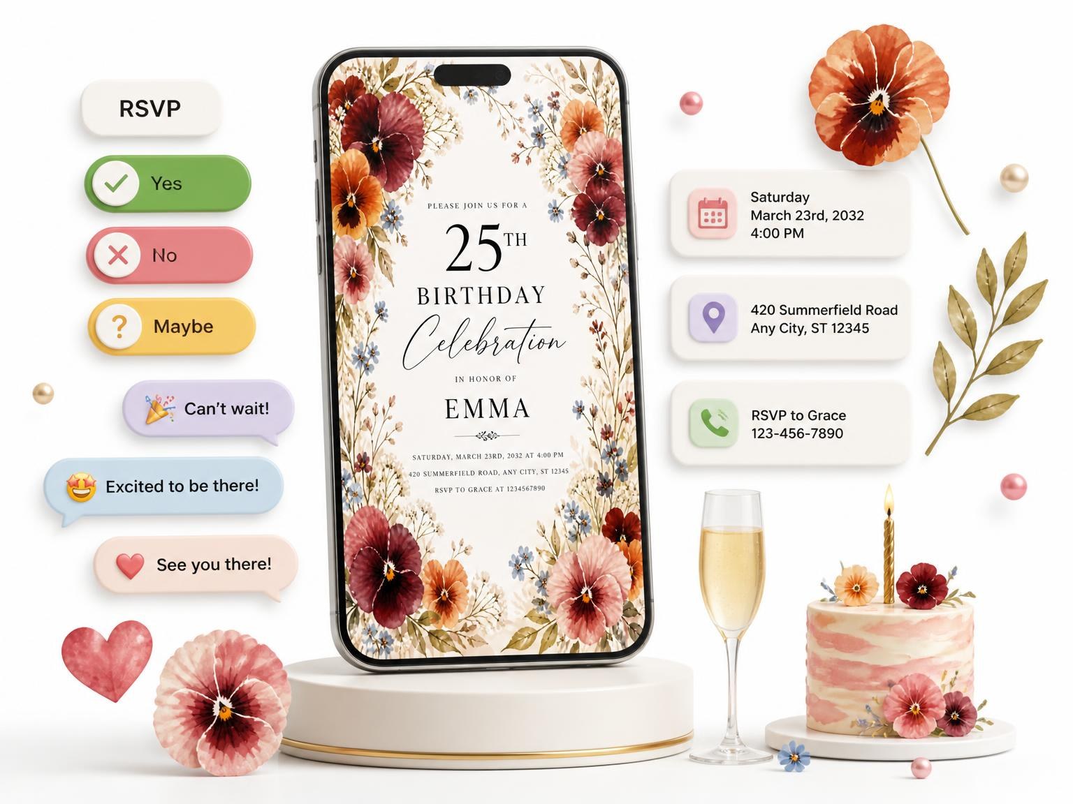 The Pansy Wildflower Autumn 25th Birthday Invitation invitation on a phone, with guest RSVPs arriving around it