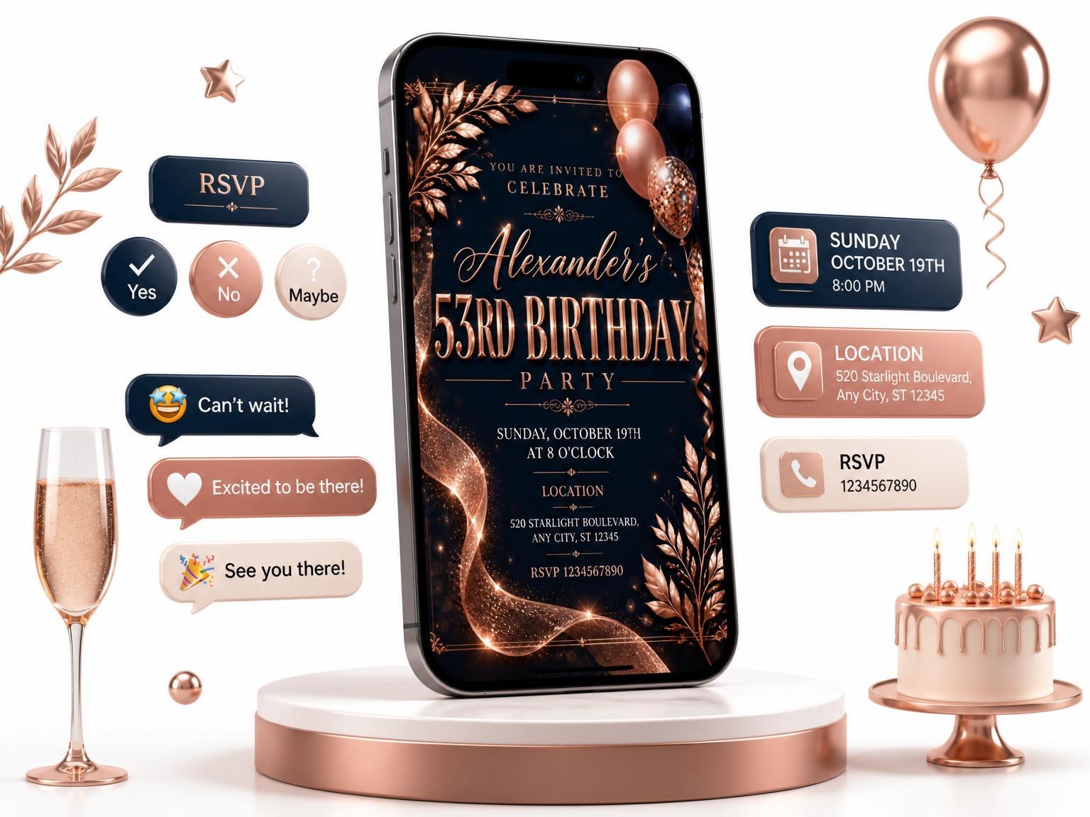 The Navy and Rose Gold 53rd Birthday Invitation invitation on a phone, with guest RSVPs arriving around it