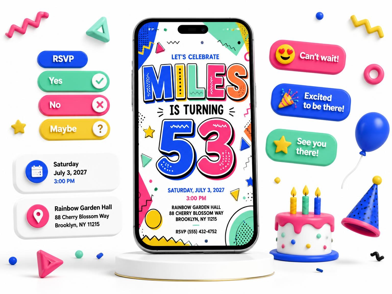 The Memphis Pop 53rd Birthday Invitation invitation on a phone, with guest RSVPs arriving around it