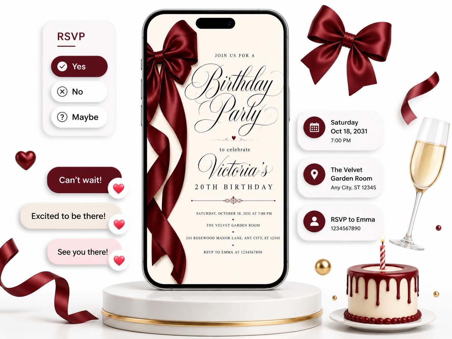 The Burgundy Satin Bow 20th Birthday Invitation invitation on a phone, with guest RSVPs arriving around it