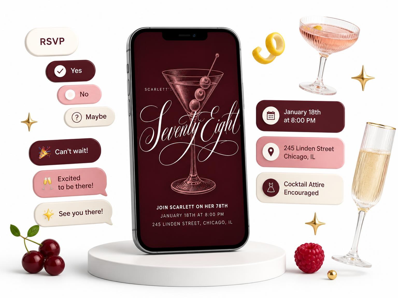 The Burgundy Cocktail 78th Birthday Invitation invitation on a phone, with guest RSVPs arriving around it