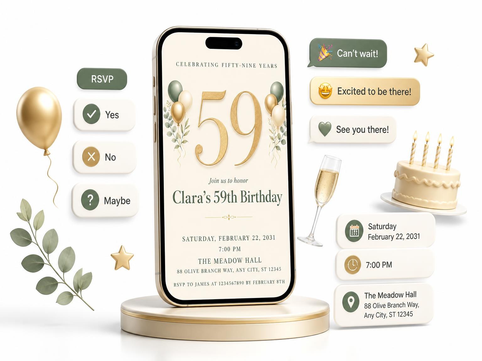 The Sage and Ivory 59th Birthday Invitation invitation on a phone, with guest RSVPs arriving around it
