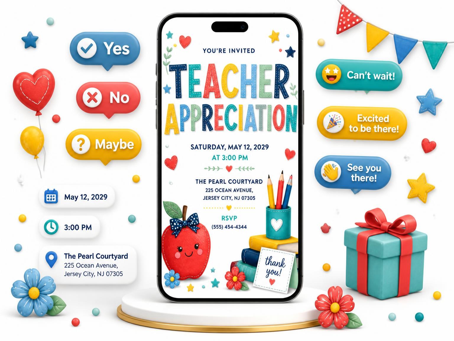 The Apple Teacher Appreciation Invitation invitation on a phone, with guest RSVPs arriving around it