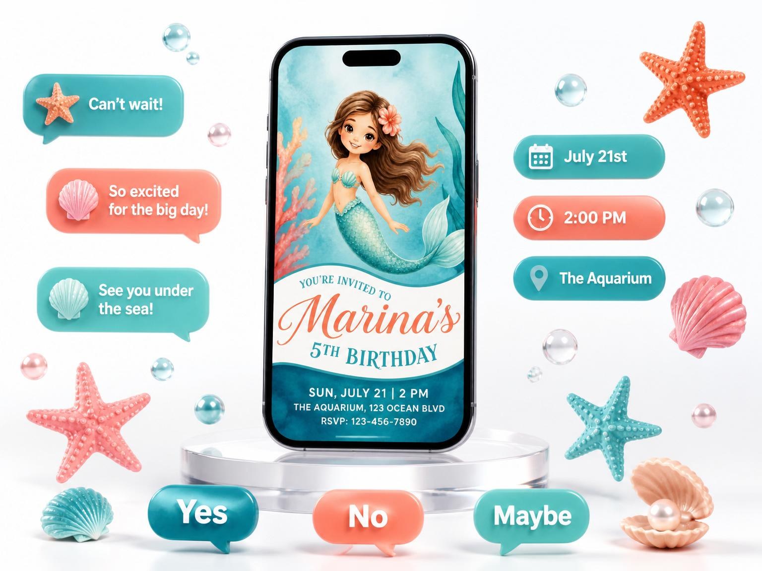 The Watercolor Coral Mermaid 5th Birthday Party invitation on a phone, with guest RSVPs arriving around it
