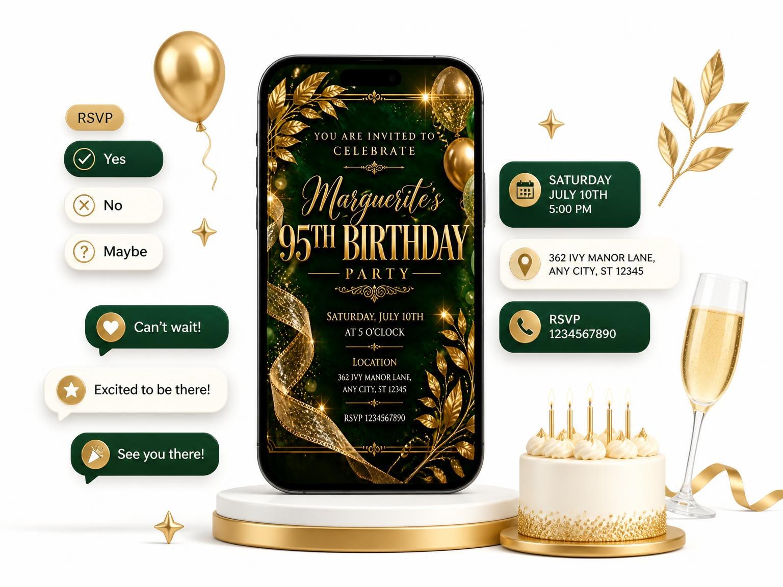 The Emerald and Champagne 95th Birthday Invitation invitation on a phone, with guest RSVPs arriving around it