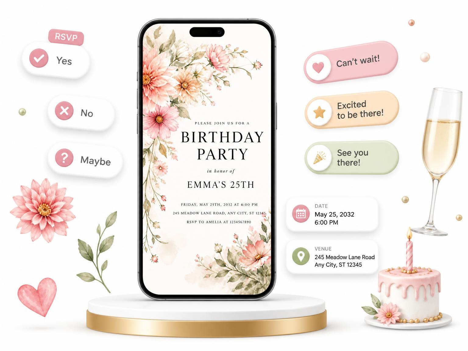 The Floral Blush 25th Birthday Invitation invitation on a phone, with guest RSVPs arriving around it