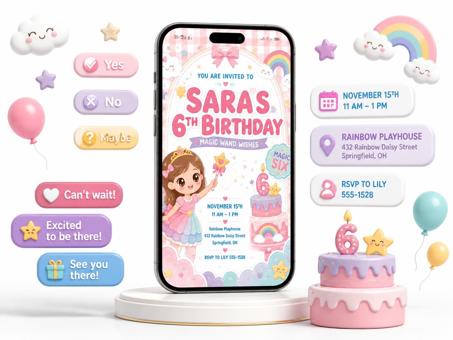 The Fairy Princess Kawaii 6th Birthday Invitation invitation on a phone, with guest RSVPs arriving around it