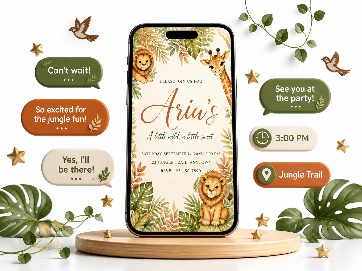 The Watercolor Jungle Animal Birthday Invitation invitation on a phone, with guest RSVPs arriving around it