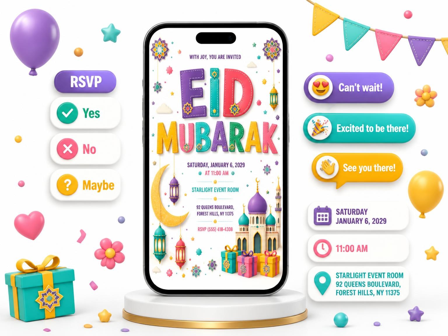 The Mosque Eid Celebration Invitation invitation on a phone, with guest RSVPs arriving around it