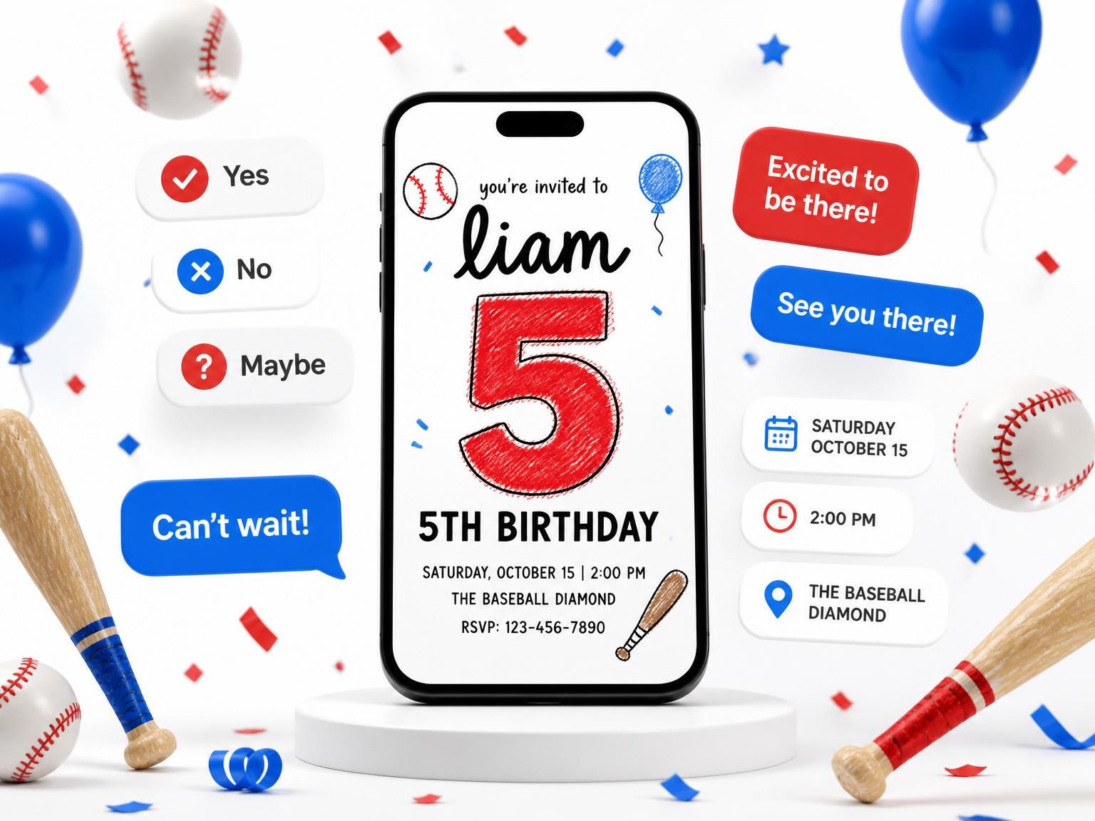 The Crayon Baseball 5th Birthday Invitation invitation on a phone, with guest RSVPs arriving around it