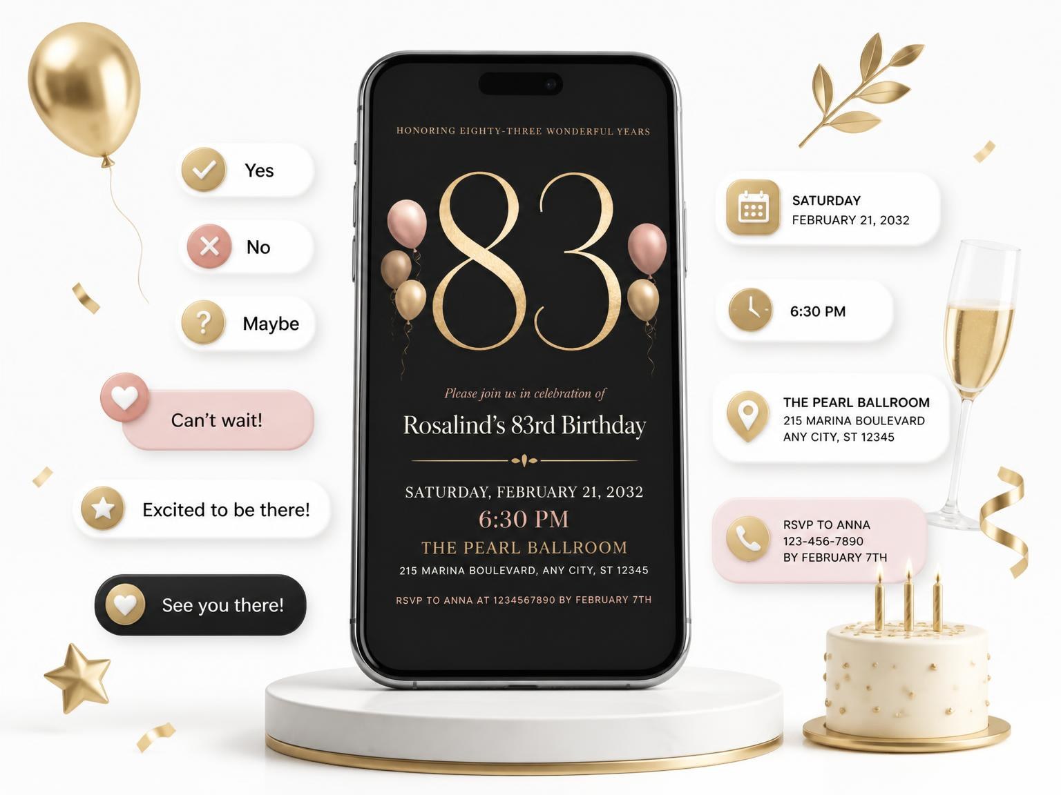 The Charcoal and Blush 83rd Birthday Invitation invitation on a phone, with guest RSVPs arriving around it