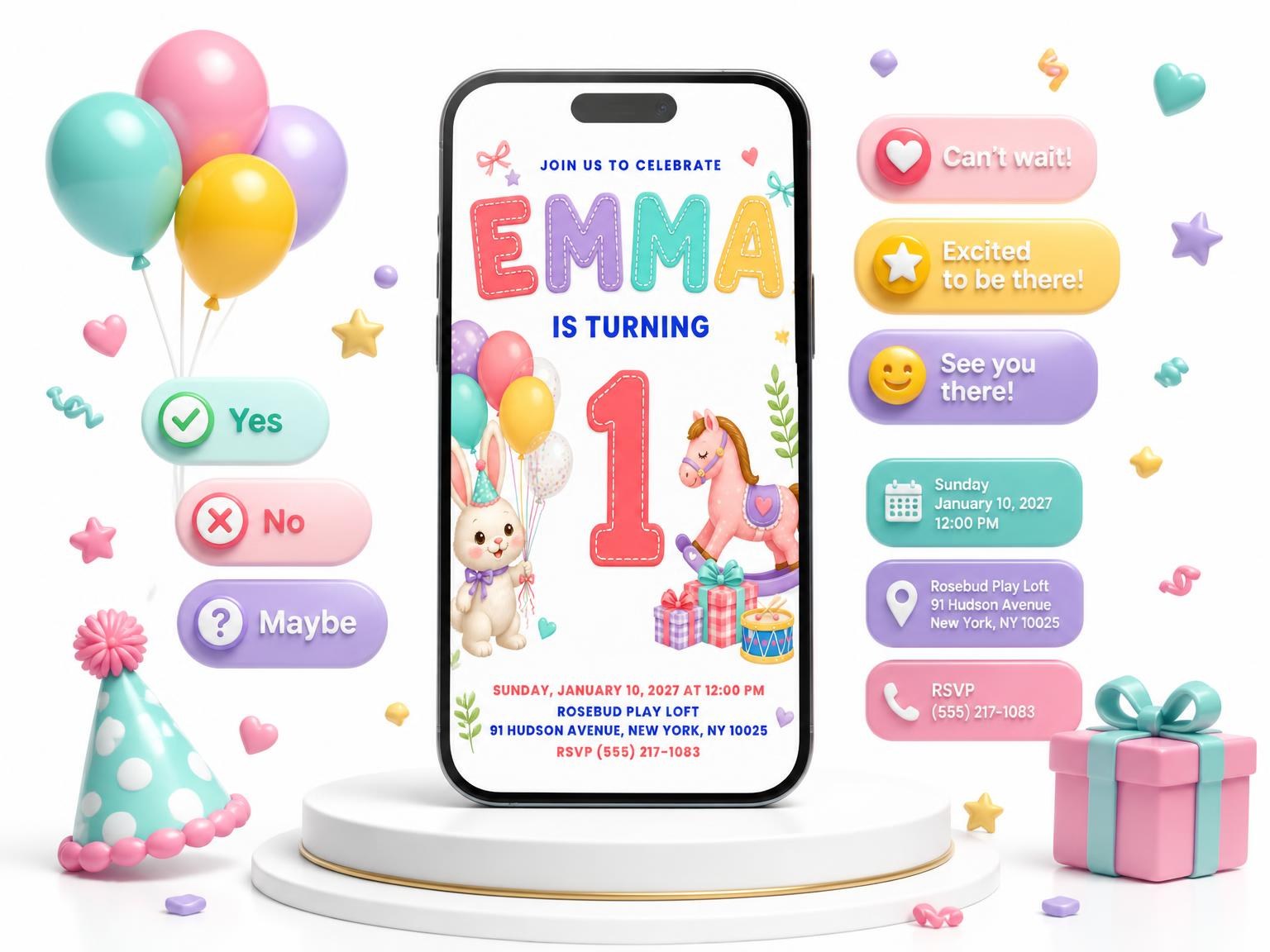 The Balloons Stitched 1st Birthday Invitation invitation on a phone, with guest RSVPs arriving around it