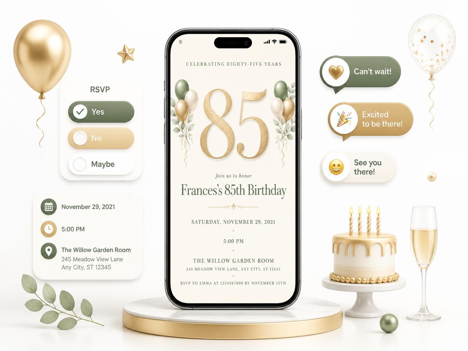 The Sage and Ivory 85th Birthday Invitation invitation on a phone, with guest RSVPs arriving around it