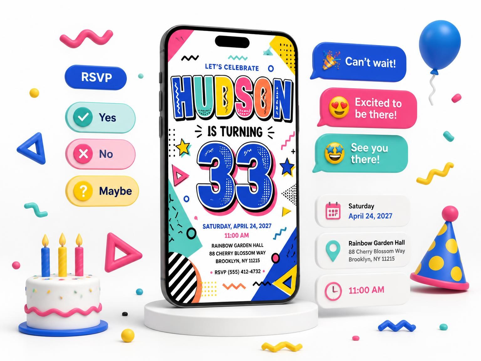 The Memphis Pop 33rd Birthday Invitation invitation on a phone, with guest RSVPs arriving around it