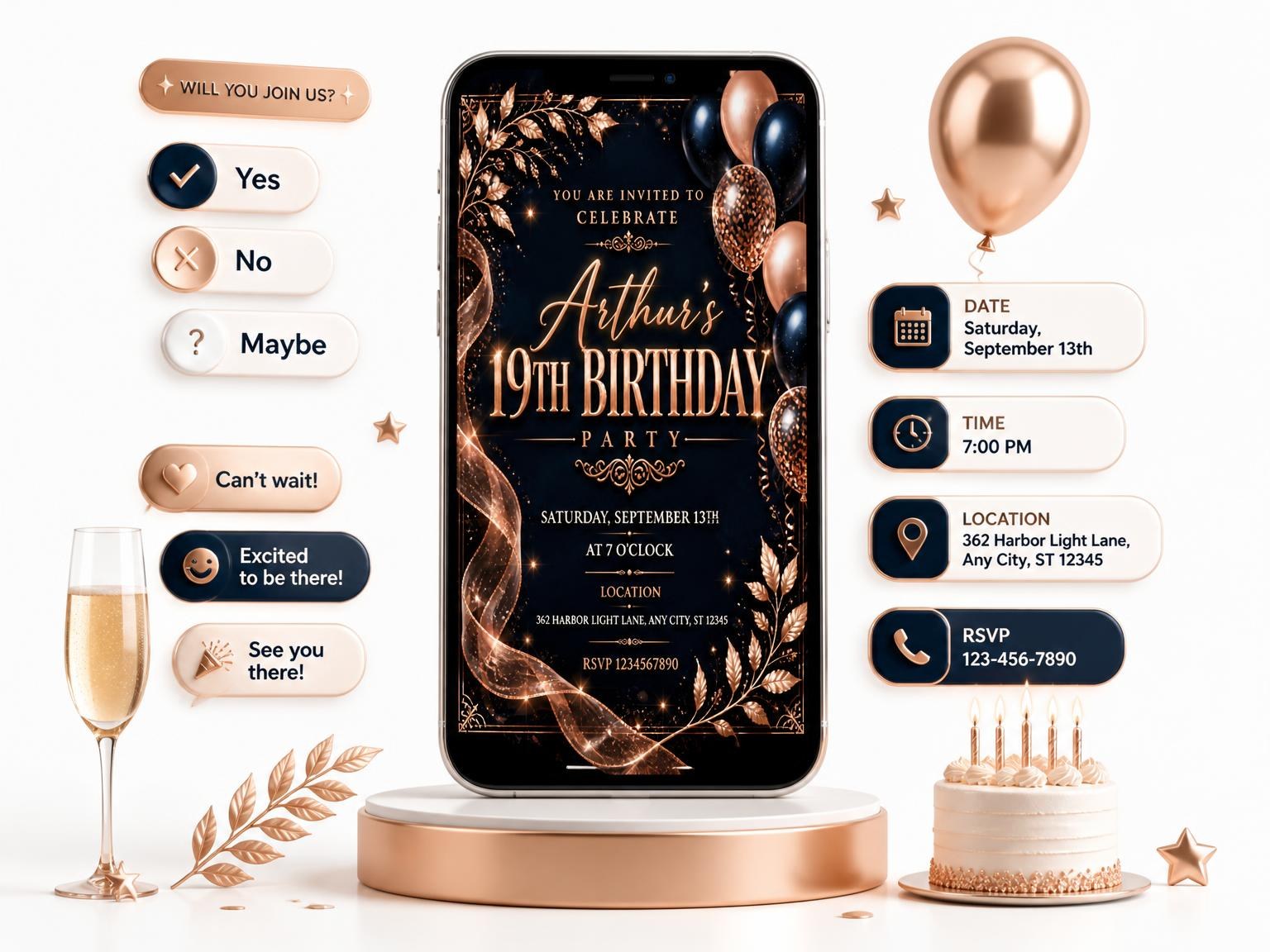 The Navy and Rose Gold 19th Birthday Invitation invitation on a phone, with guest RSVPs arriving around it