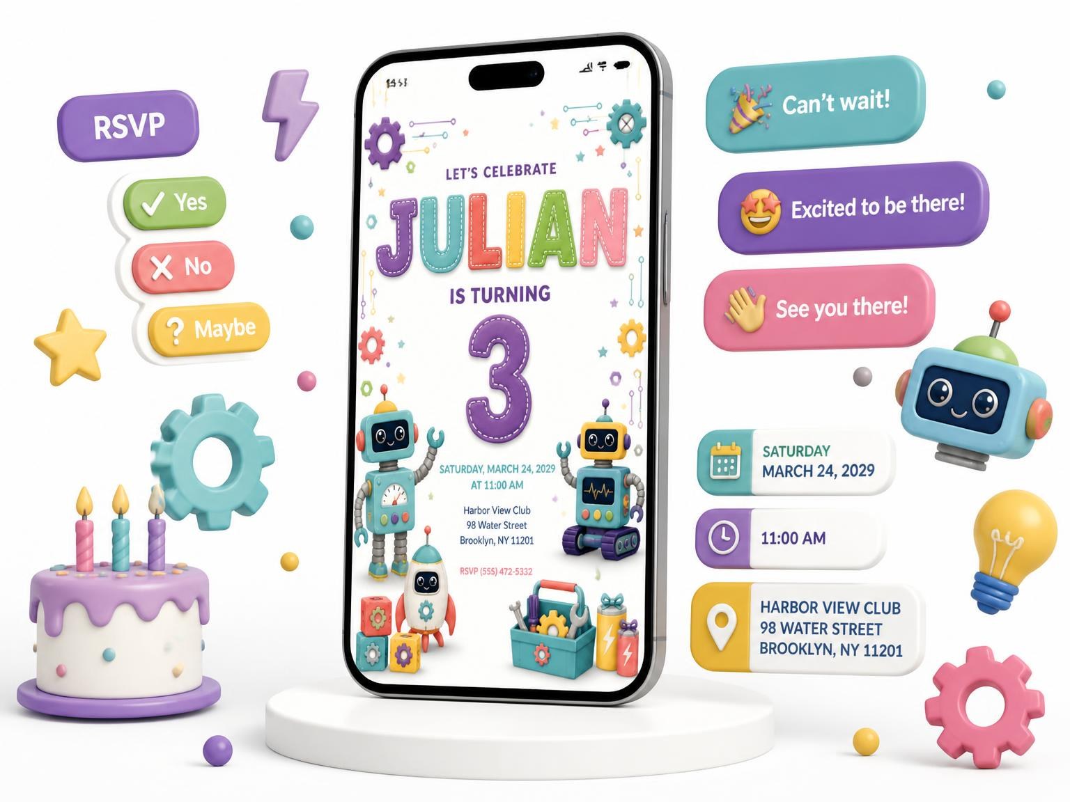 The Stitched Robot 3rd Birthday Invitation invitation on a phone, with guest RSVPs arriving around it