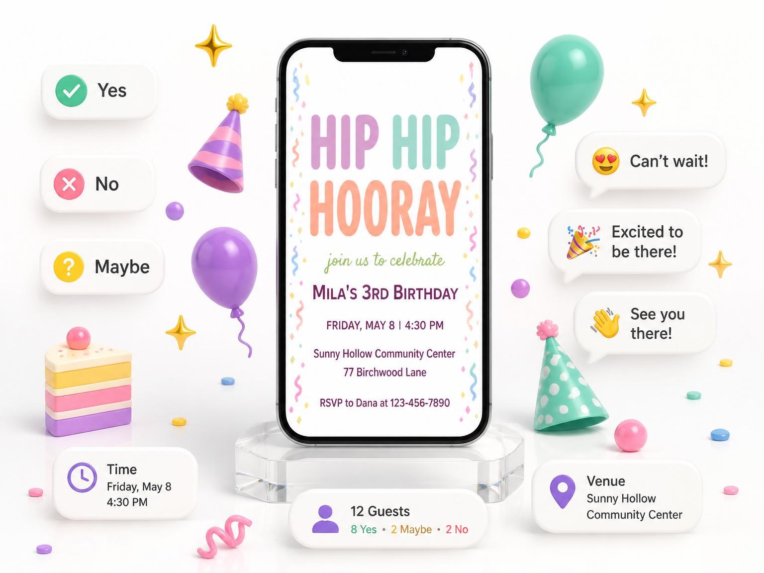 The Pastel Confetti Border 3rd Birthday Invitation invitation on a phone, with guest RSVPs arriving around it
