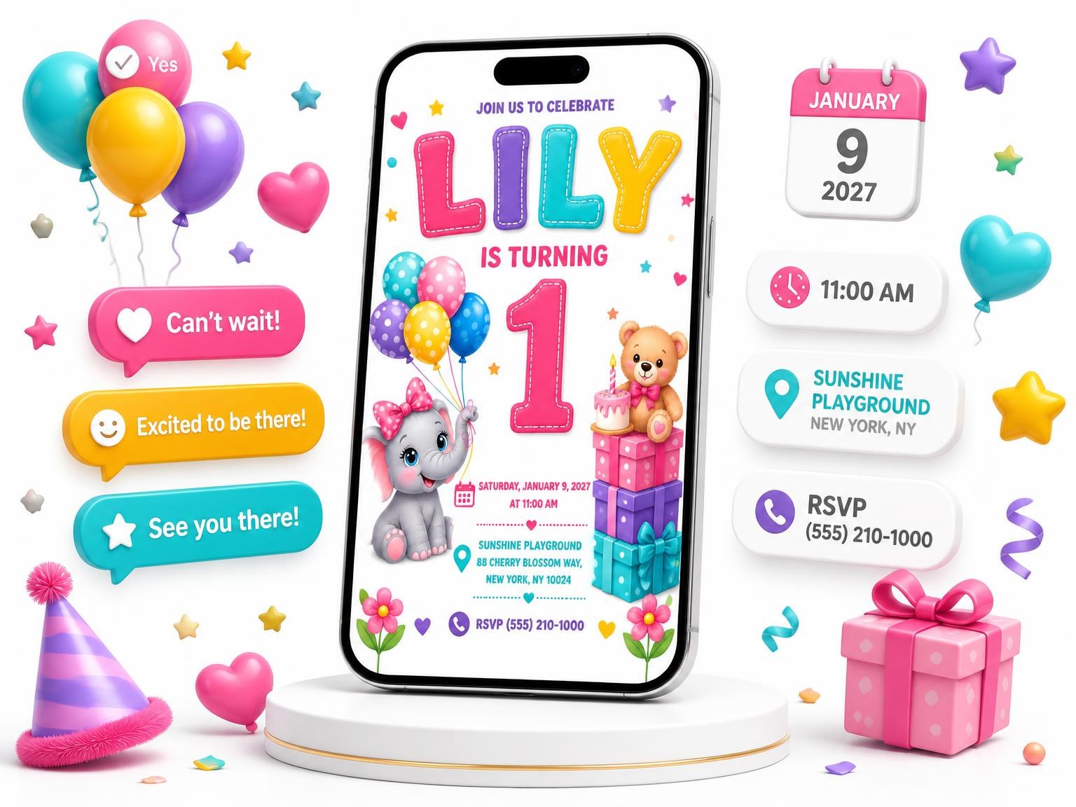 The Teddy Bear and Elephant 1st Birthday Invitation invitation on a phone, with guest RSVPs arriving around it