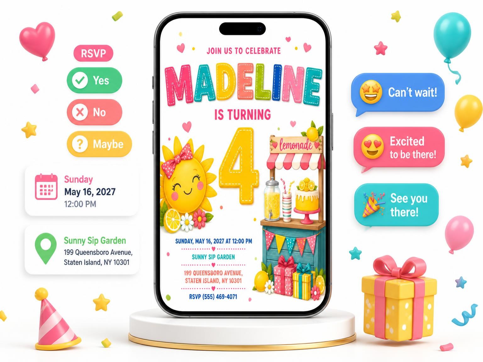 The Stitched Sunshine Lemonade 4th Birthday Invitation invitation on a phone, with guest RSVPs arriving around it