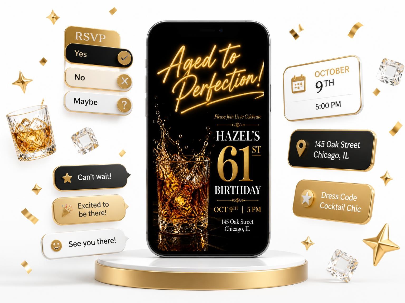 The Whiskey Glass 61st Birthday Invitation invitation on a phone, with guest RSVPs arriving around it
