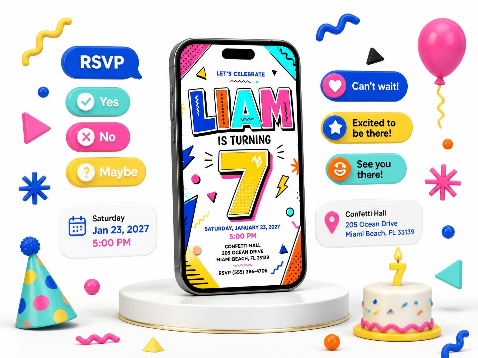 The Memphis Pop 7th Birthday Invitation invitation on a phone, with guest RSVPs arriving around it
