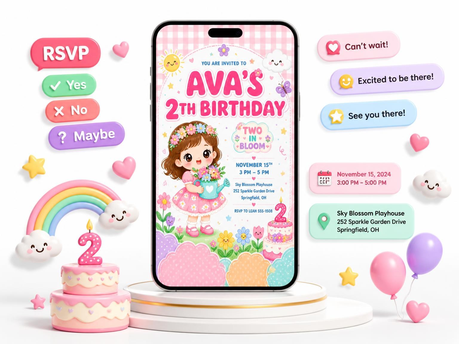 The Nature Kawaii Pastel 2nd Birthday Invitation invitation on a phone, with guest RSVPs arriving around it