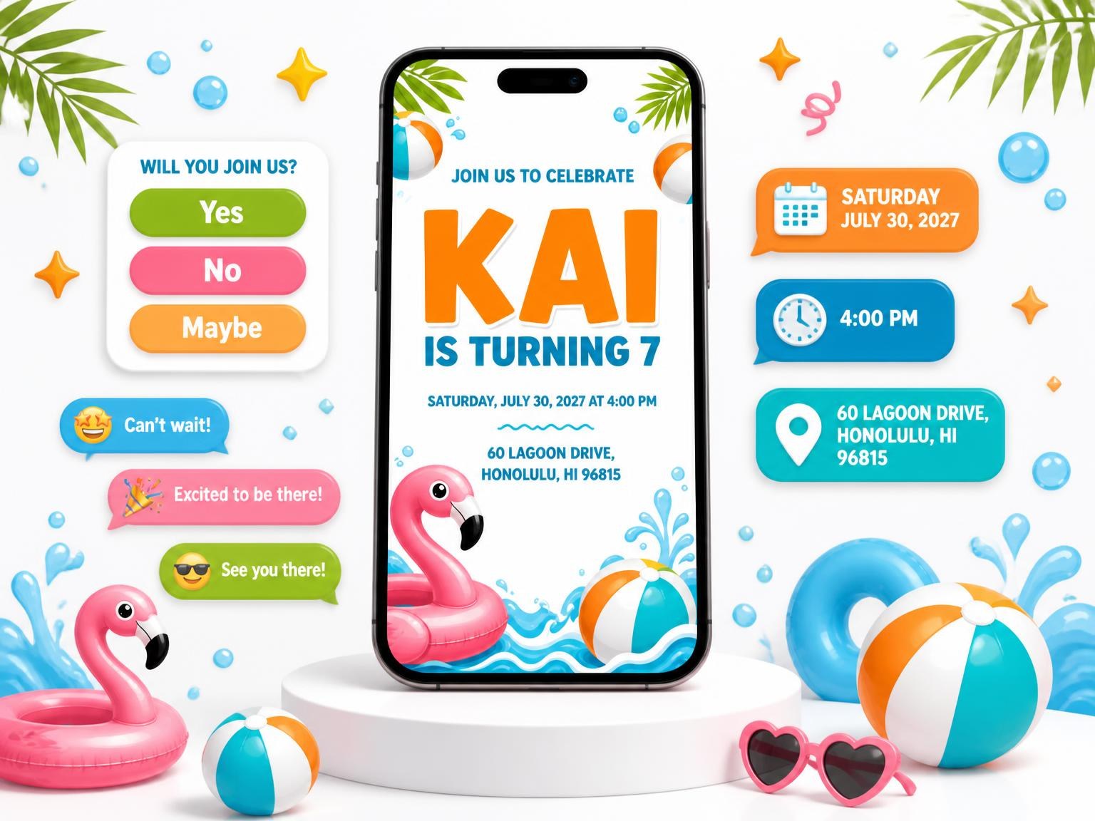 The Tropical Flamingo Beach Ball 7th Birthday invitation on a phone, with guest RSVPs arriving around it