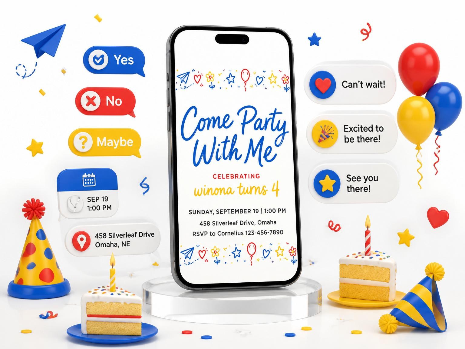 The Primary Doodle Border 4th Birthday Invitation invitation on a phone, with guest RSVPs arriving around it
