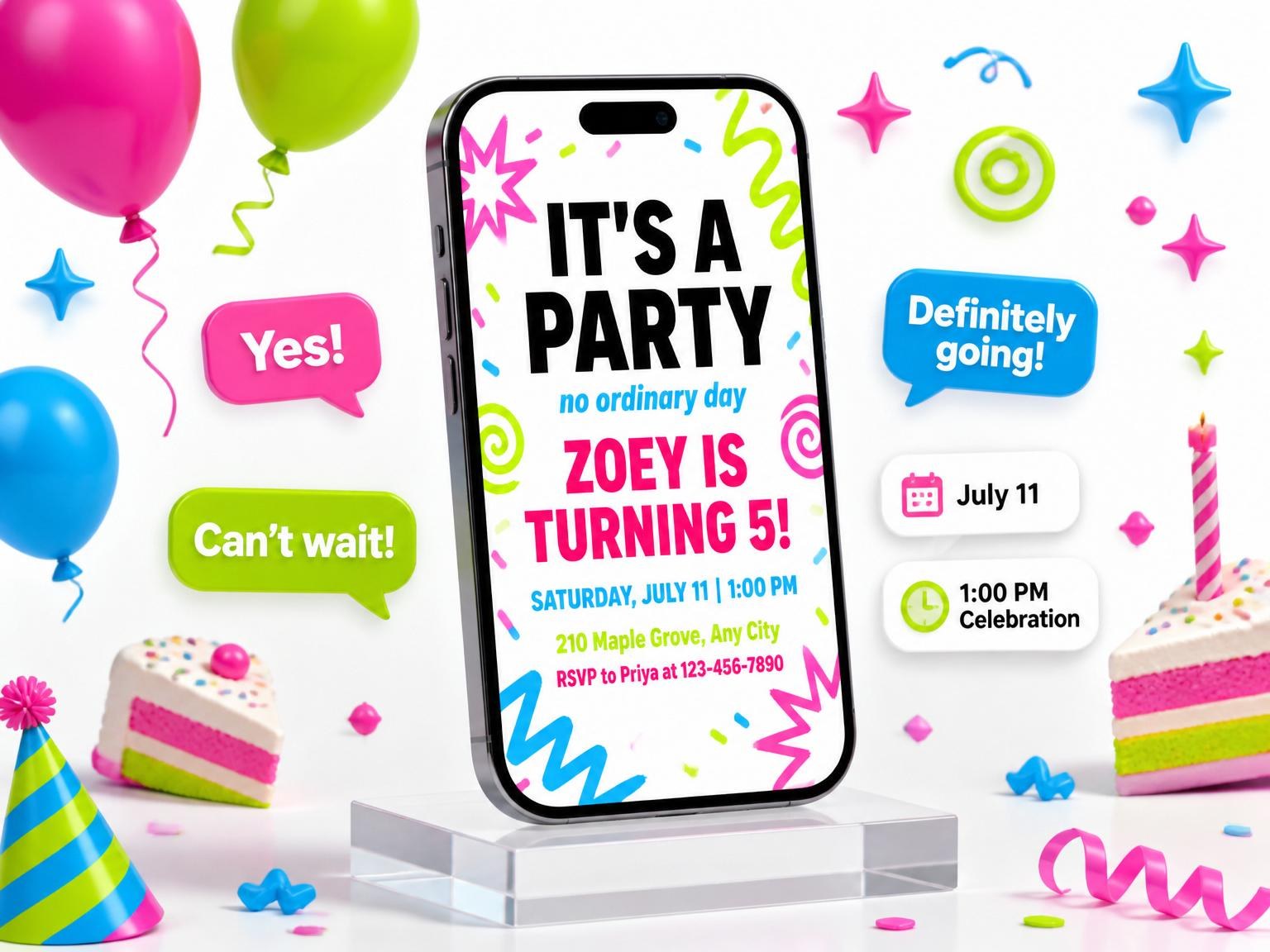 The Neon Squiggle Confetti Birthday Invitation invitation on a phone, with guest RSVPs arriving around it
