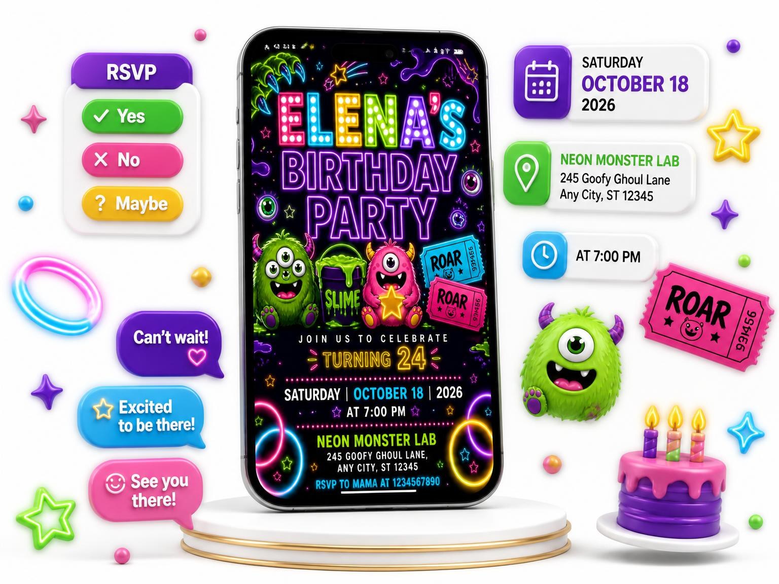 The Neon Monster 24th Birthday Invitation invitation on a phone, with guest RSVPs arriving around it
