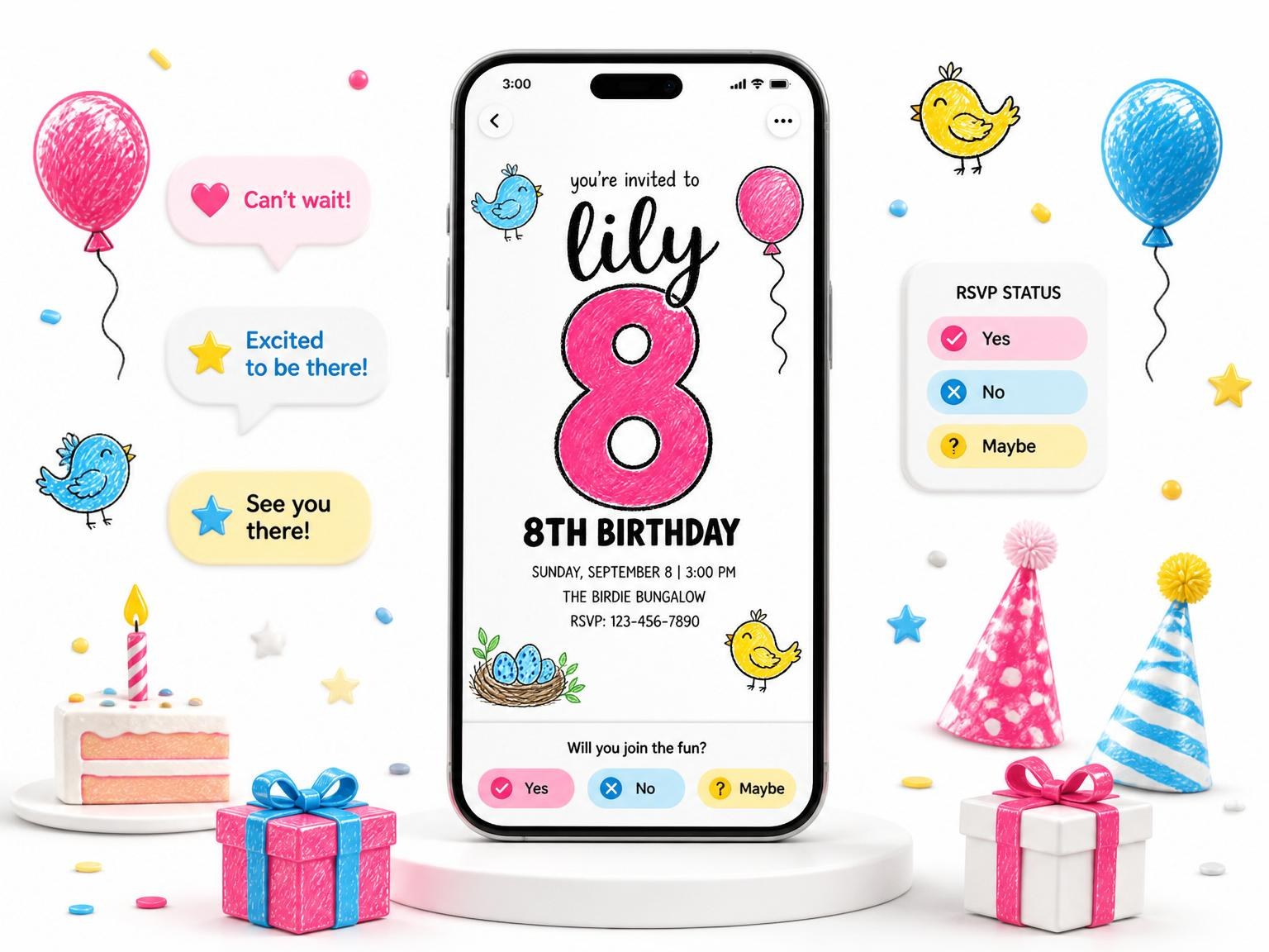The Crayon Bluebird Balloon 8th Birthday Invitation invitation on a phone, with guest RSVPs arriving around it