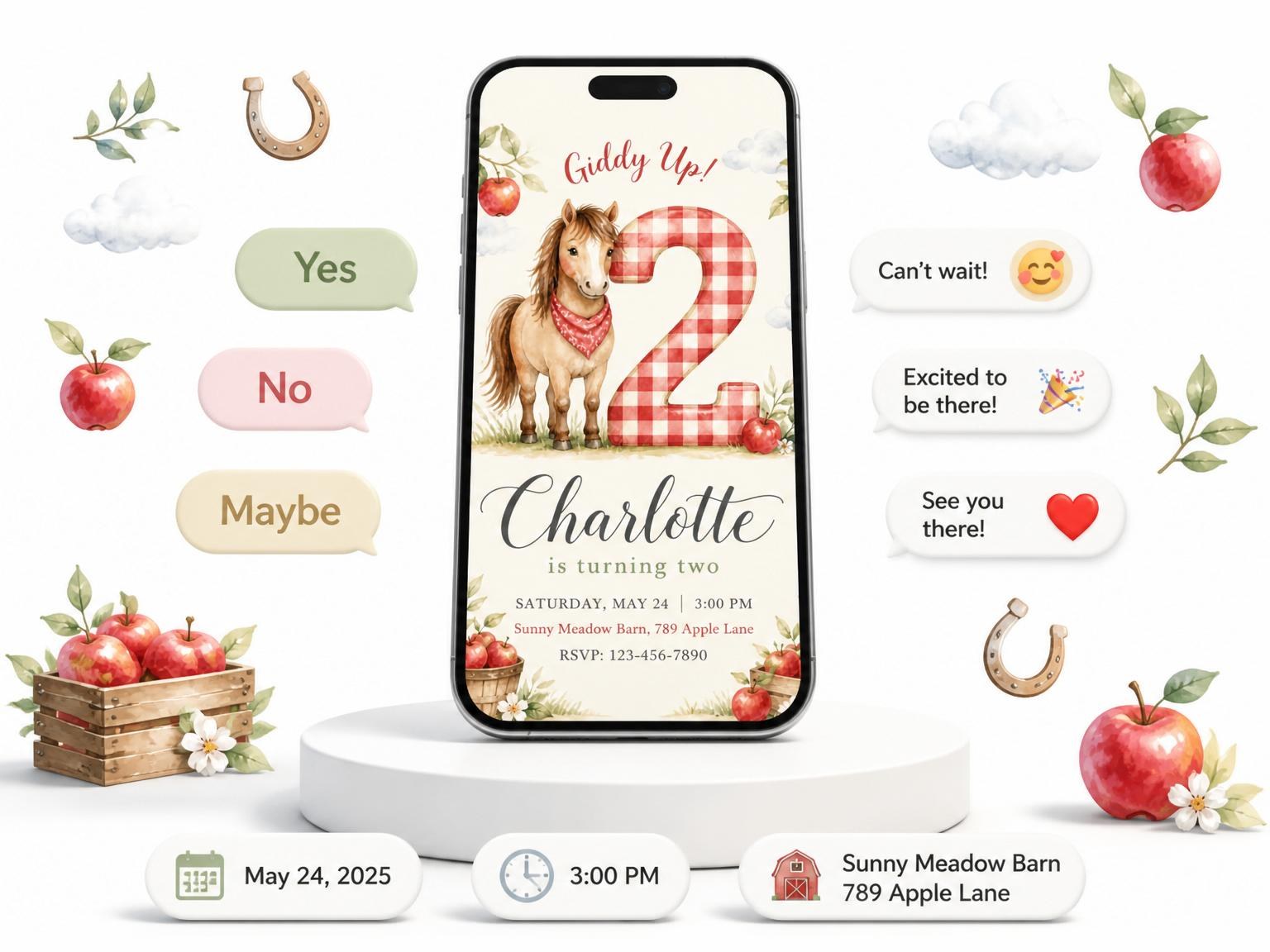 The Watercolor Pony Gingham Orchard Birthday invitation on a phone, with guest RSVPs arriving around it