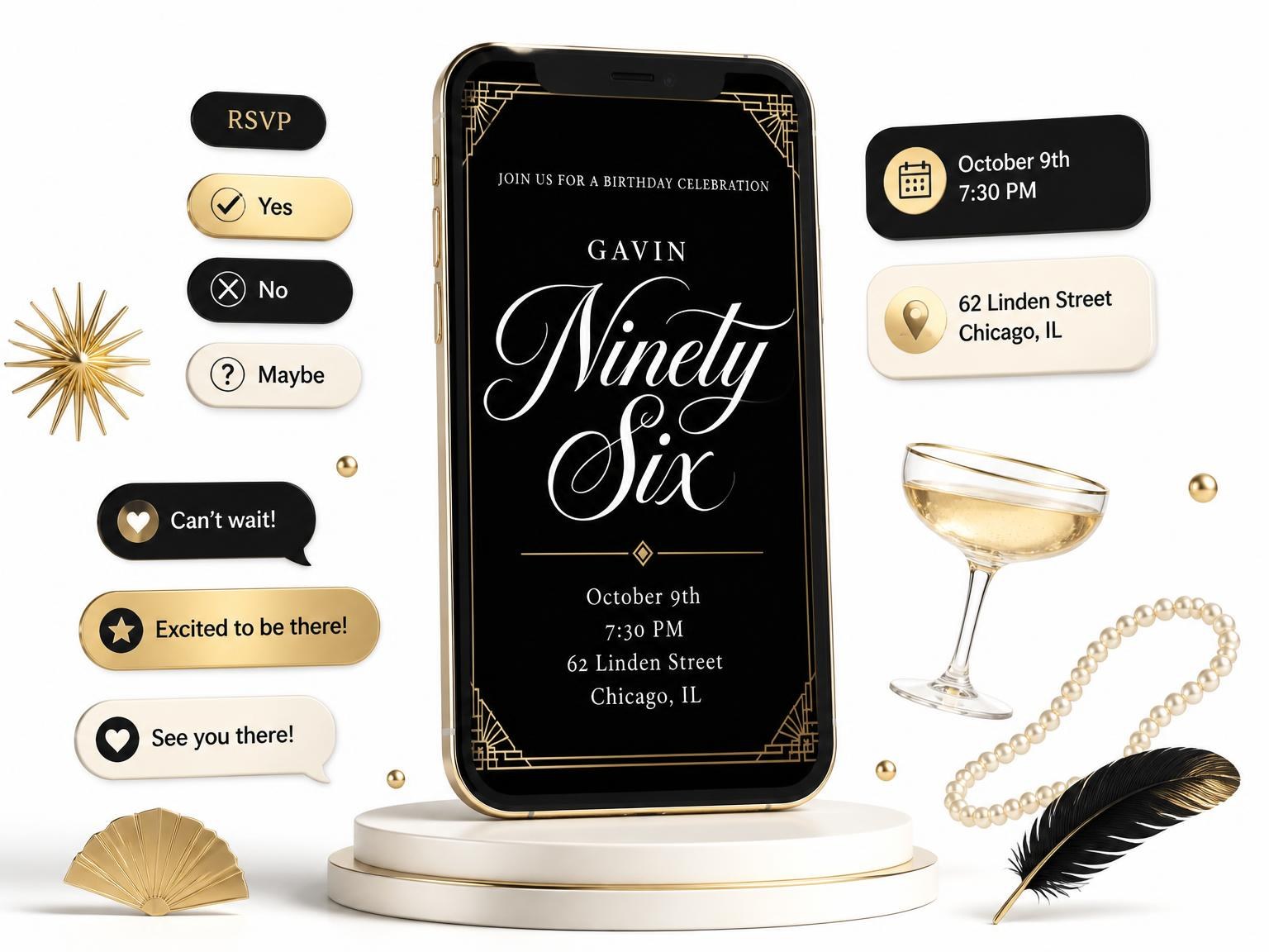 The Art Deco 96th Birthday Invitation invitation on a phone, with guest RSVPs arriving around it
