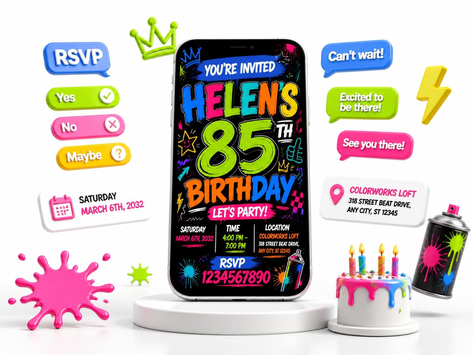 The Graffiti Street Art 85th Birthday Invitation invitation on a phone, with guest RSVPs arriving around it