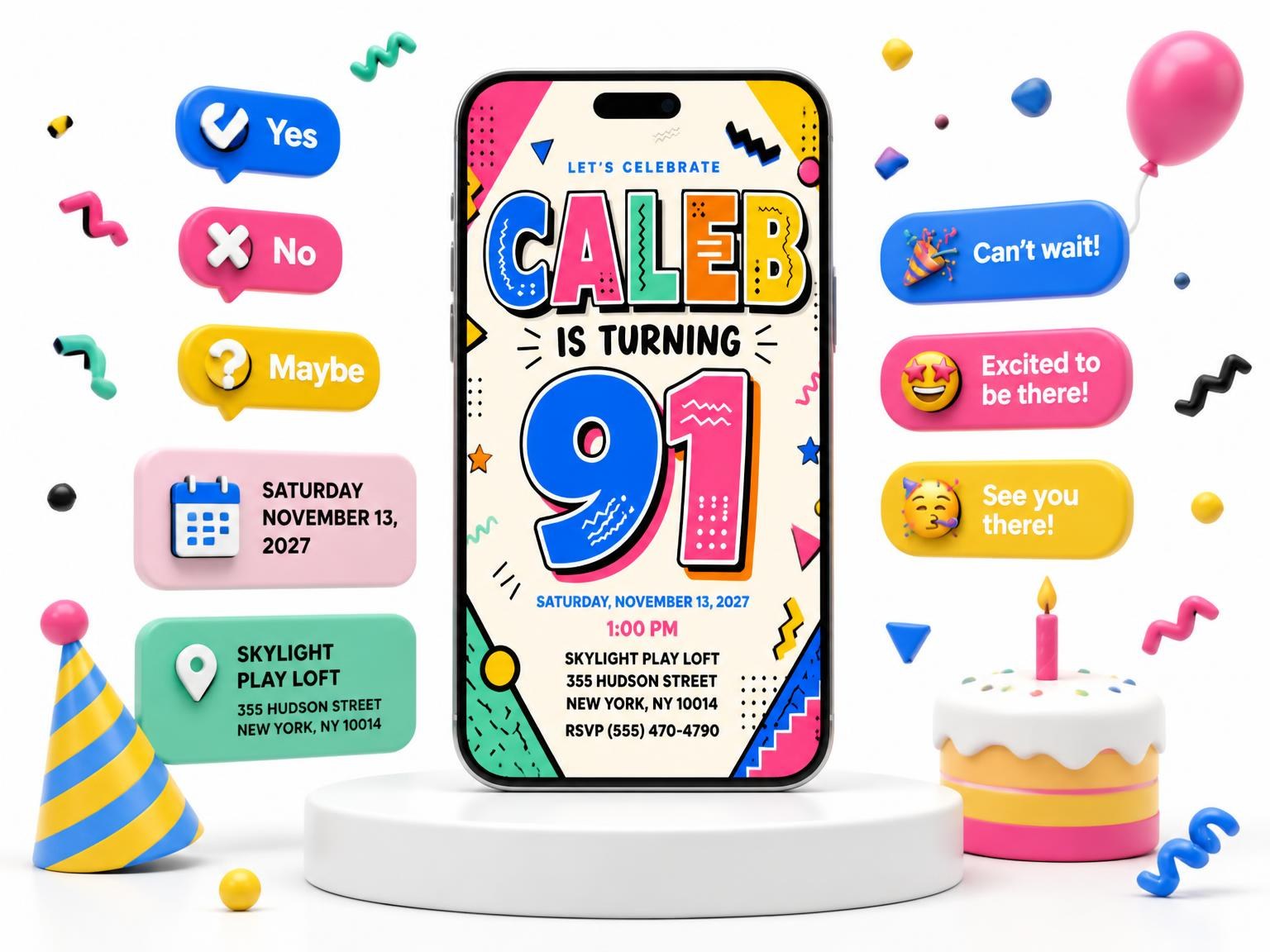 The Memphis Pop 91st Birthday Invitation invitation on a phone, with guest RSVPs arriving around it