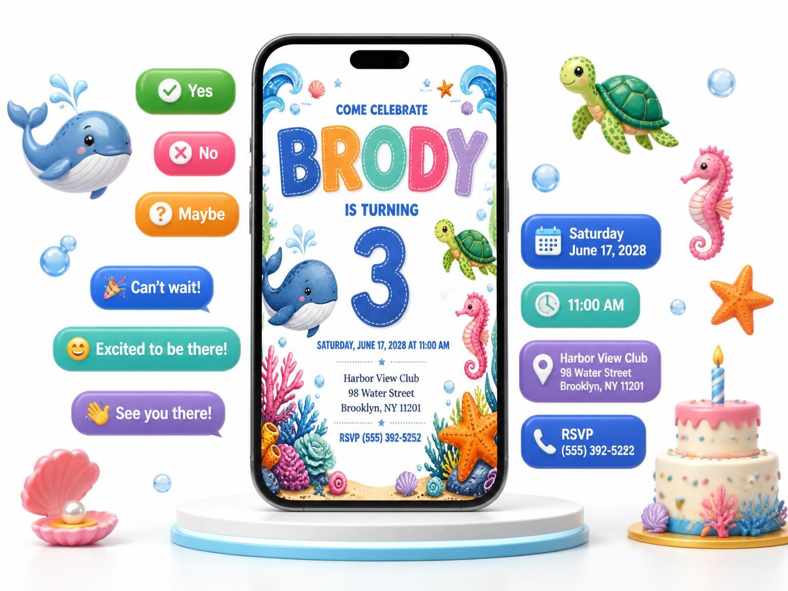 The Stitched Under the Sea 3rd Birthday Invitation invitation on a phone, with guest RSVPs arriving around it