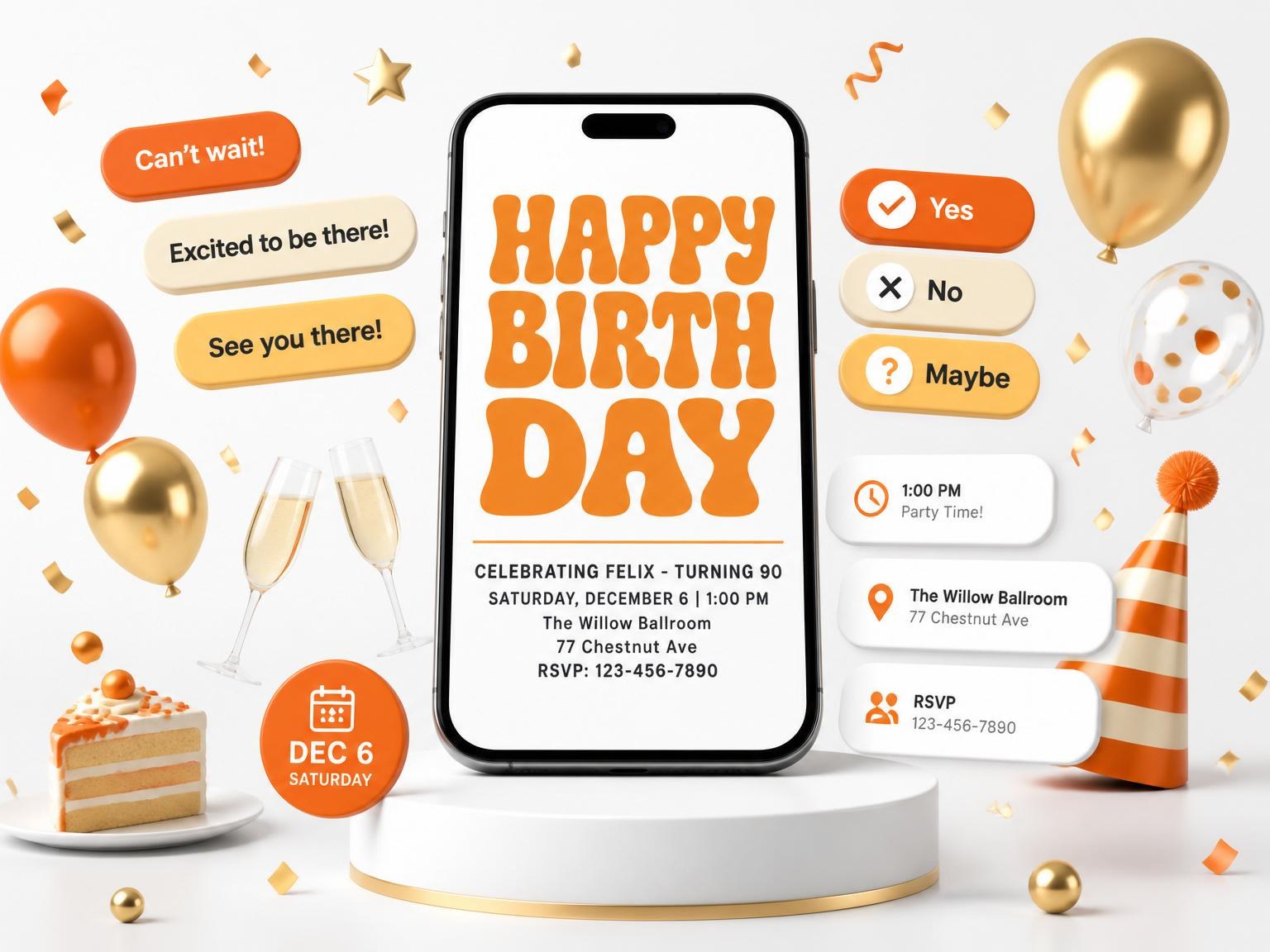 The Orange Bubble Letter 90th Birthday invitation on a phone, with guest RSVPs arriving around it