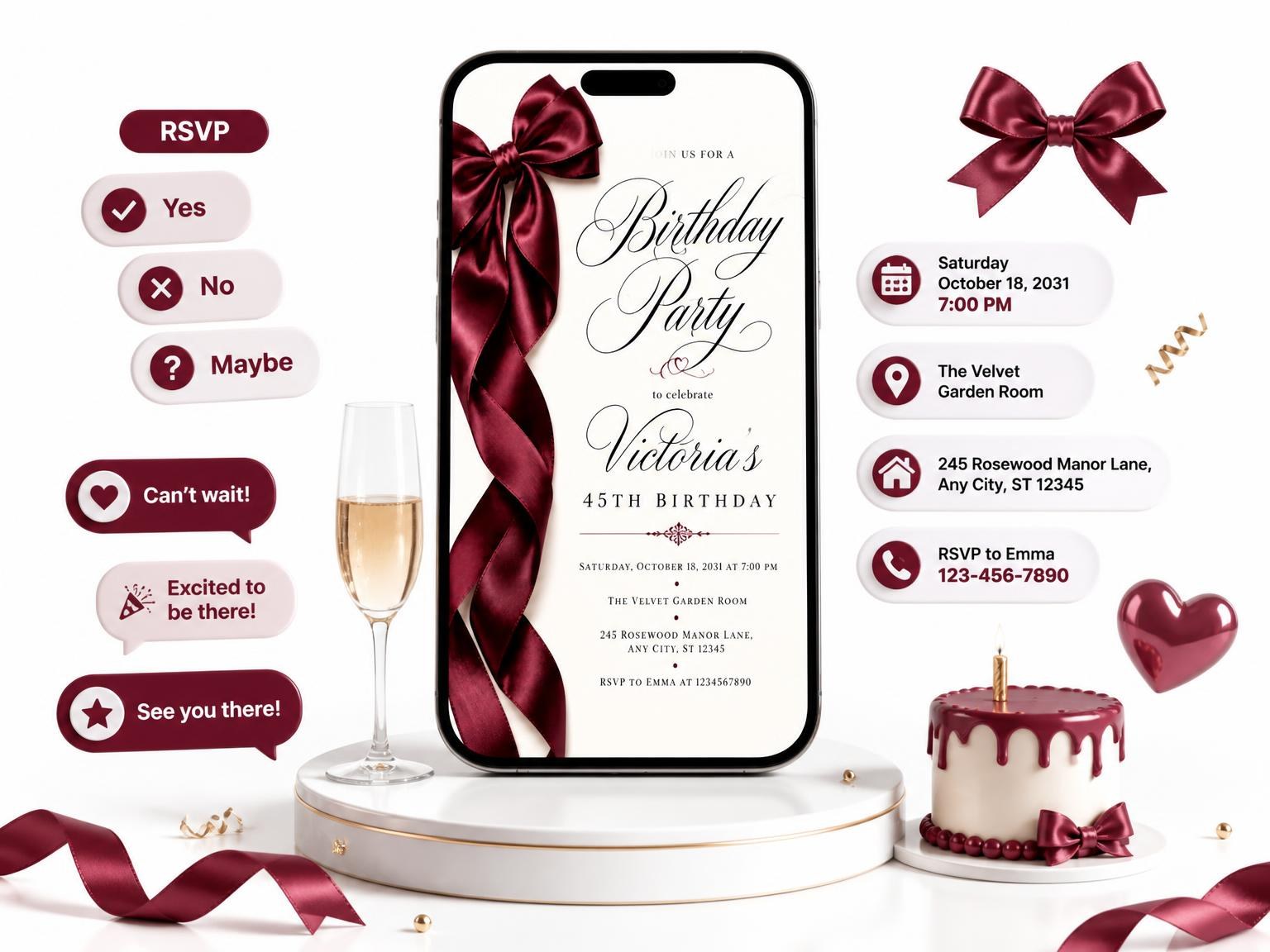The Burgundy Satin Bow 45th Birthday Invitation invitation on a phone, with guest RSVPs arriving around it
