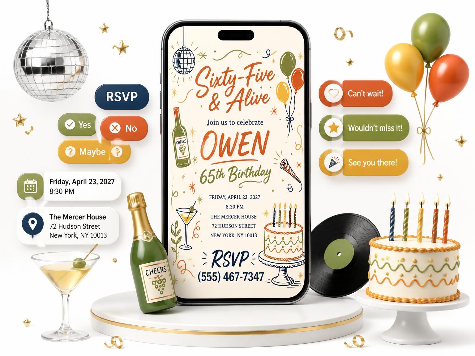 The Retro Doodle 65th Birthday Invitation invitation on a phone, with guest RSVPs arriving around it