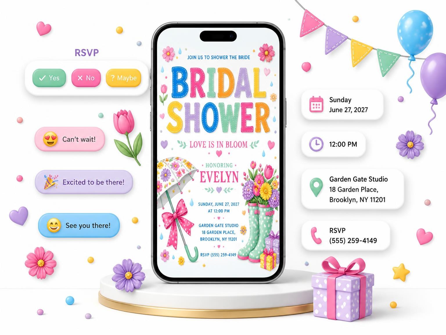 The Patterned Floral Bridal Shower Invitation invitation on a phone, with guest RSVPs arriving around it