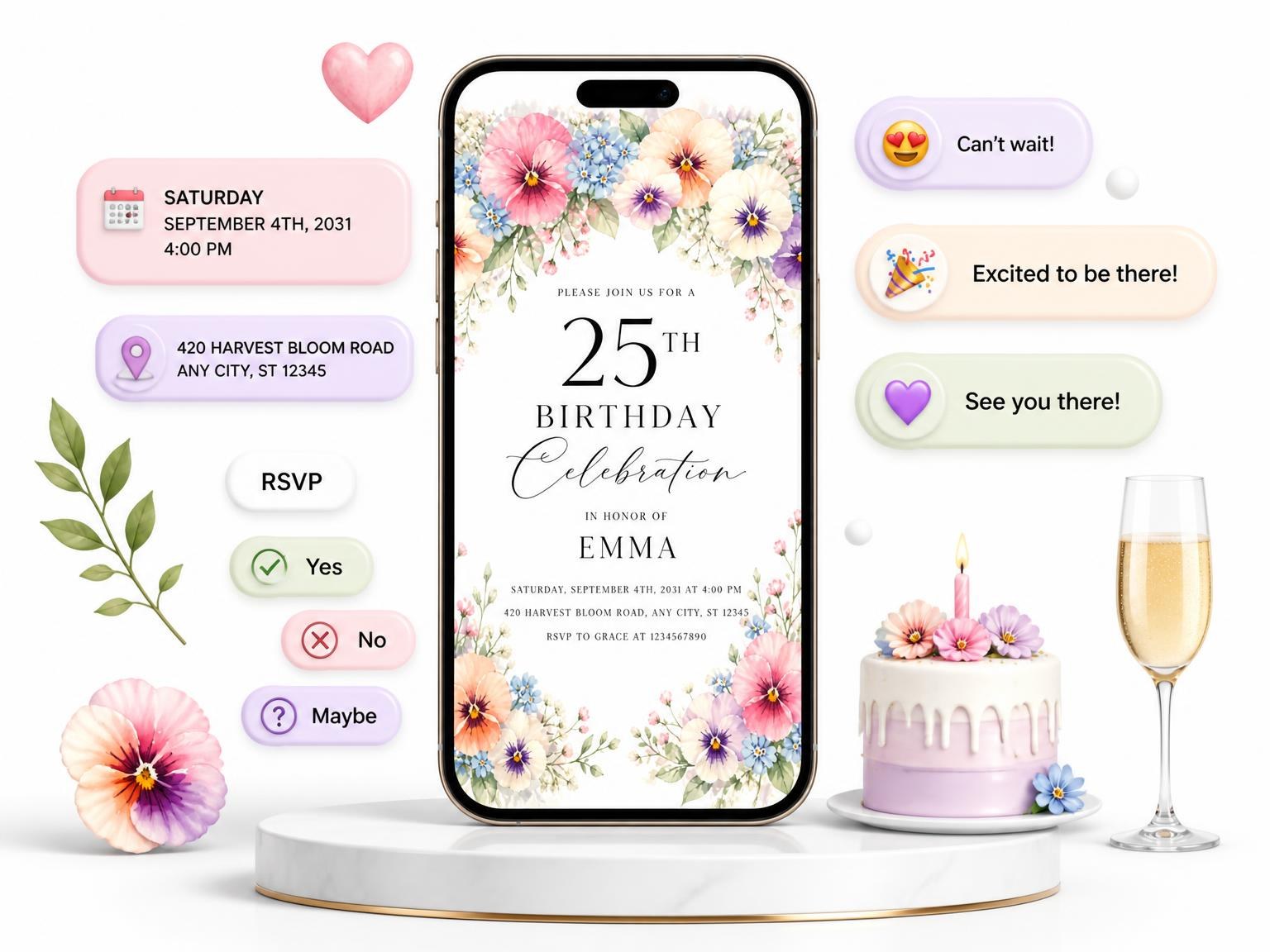 The Pansies Blush 25th Birthday Invitation invitation on a phone, with guest RSVPs arriving around it