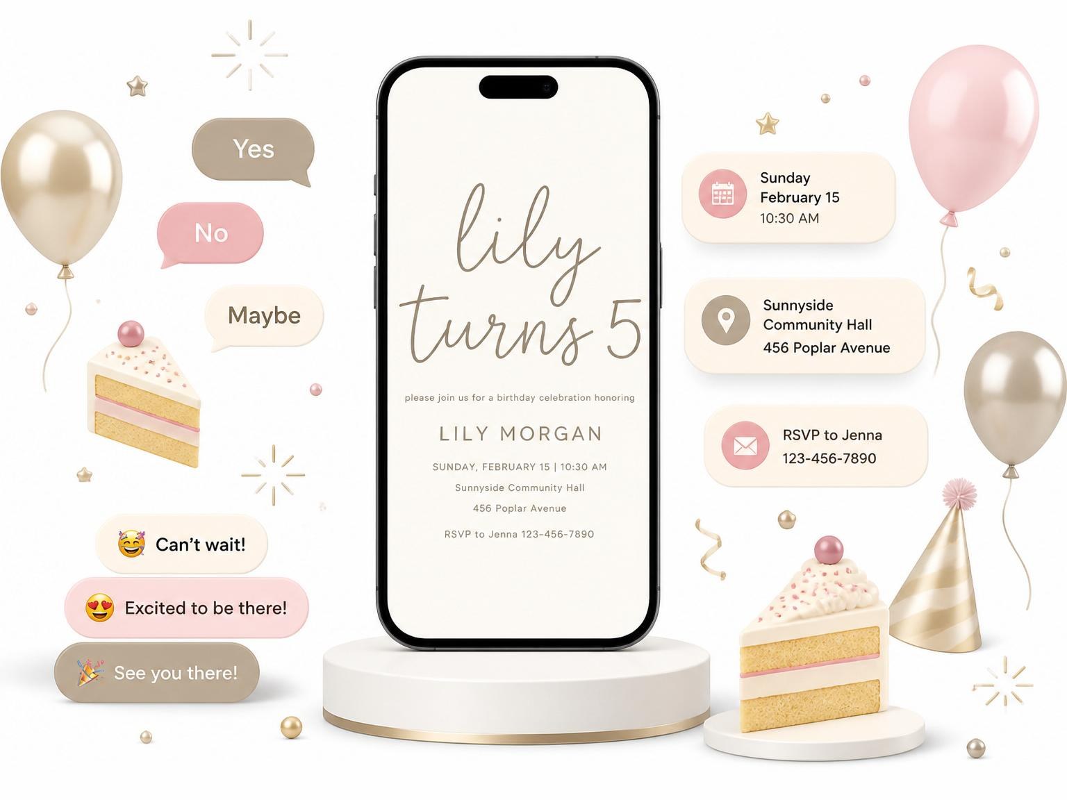 The Minimalist Cream Birthday Invitation invitation on a phone, with guest RSVPs arriving around it