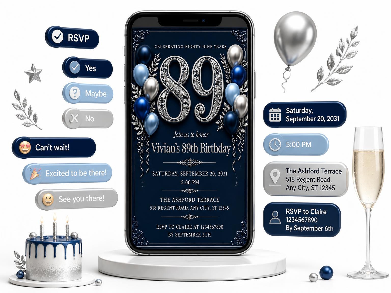 The Navy and Silver 89th Birthday Invitation invitation on a phone, with guest RSVPs arriving around it