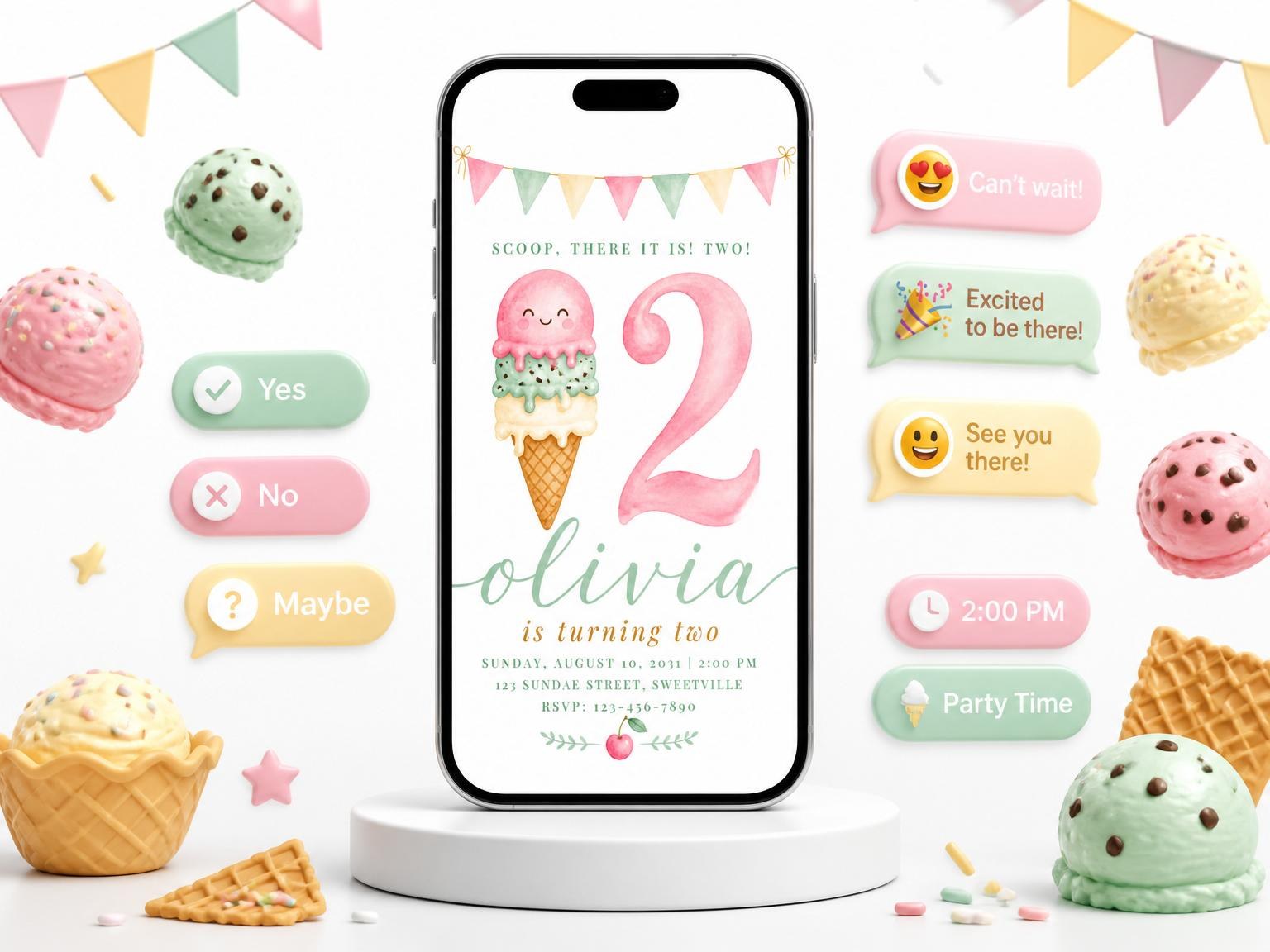 The Pastel Watercolor Ice Cream 2nd Birthday invitation on a phone, with guest RSVPs arriving around it