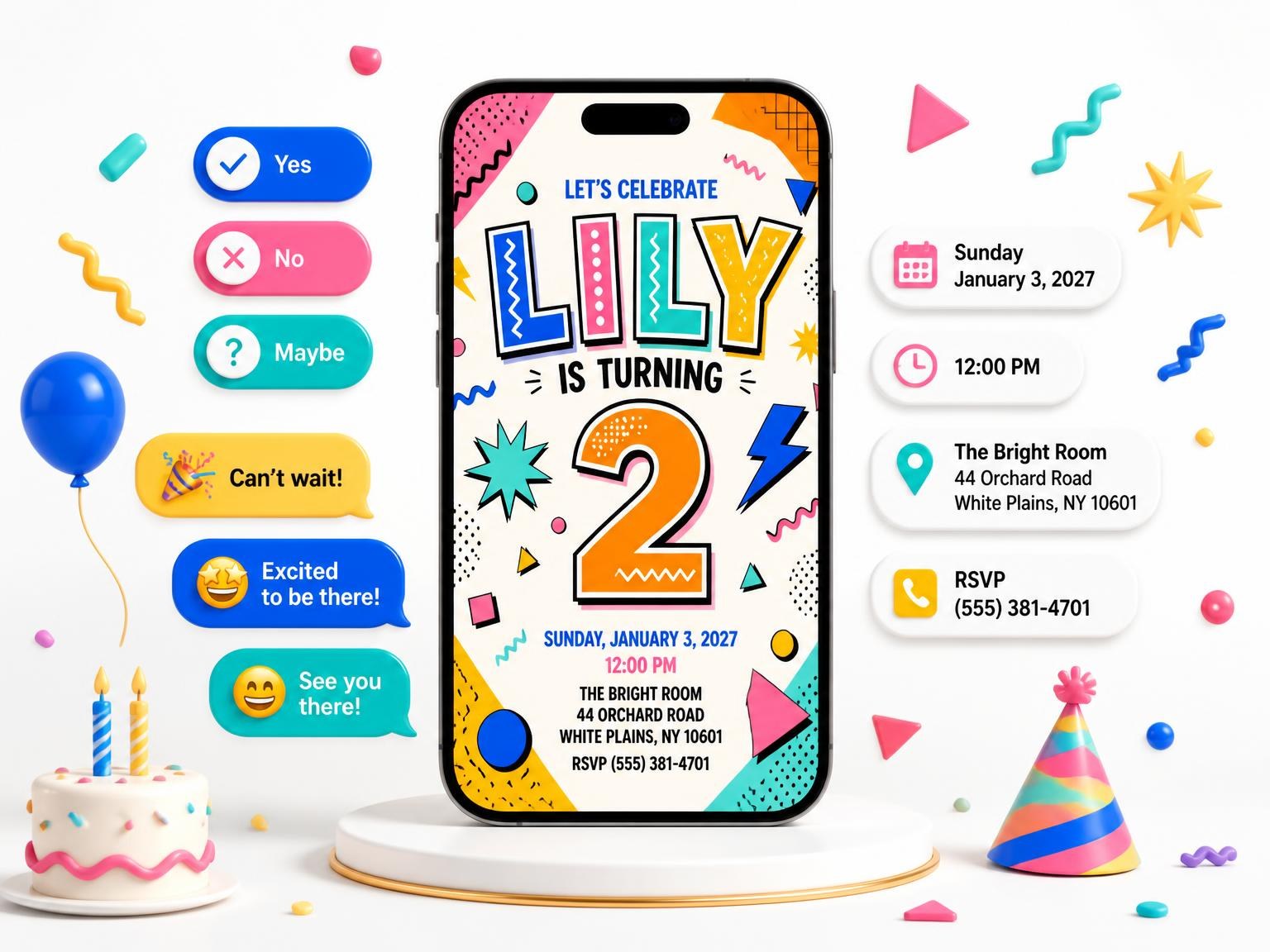 The Memphis Pop 2nd Birthday Invitation invitation on a phone, with guest RSVPs arriving around it