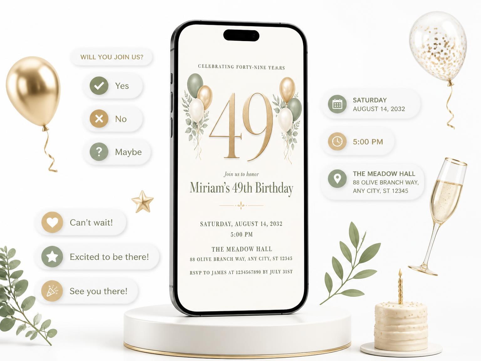 The Sage and Ivory 49th Birthday Invitation invitation on a phone, with guest RSVPs arriving around it